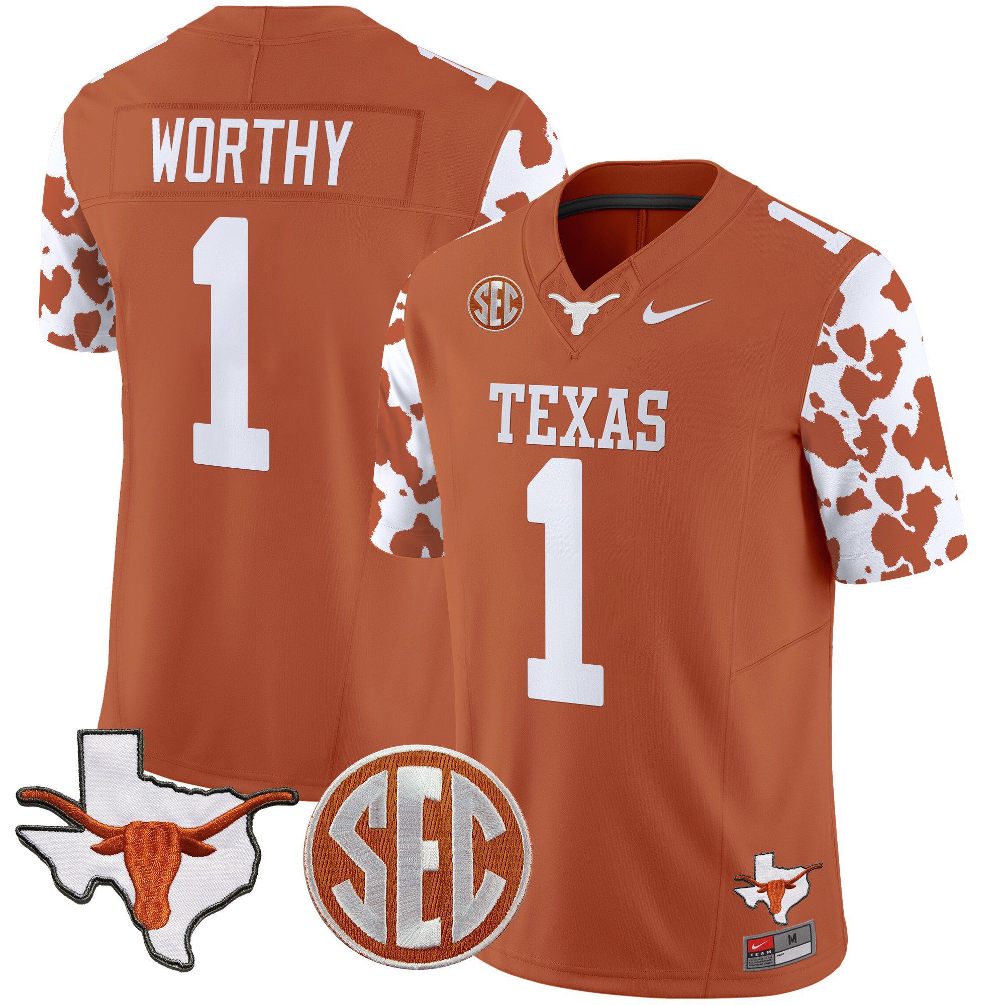 Men Texas Longhorns #1 Worthy Orange 2024 Nike Cow Spots Vapor Limited NCAA Jersey